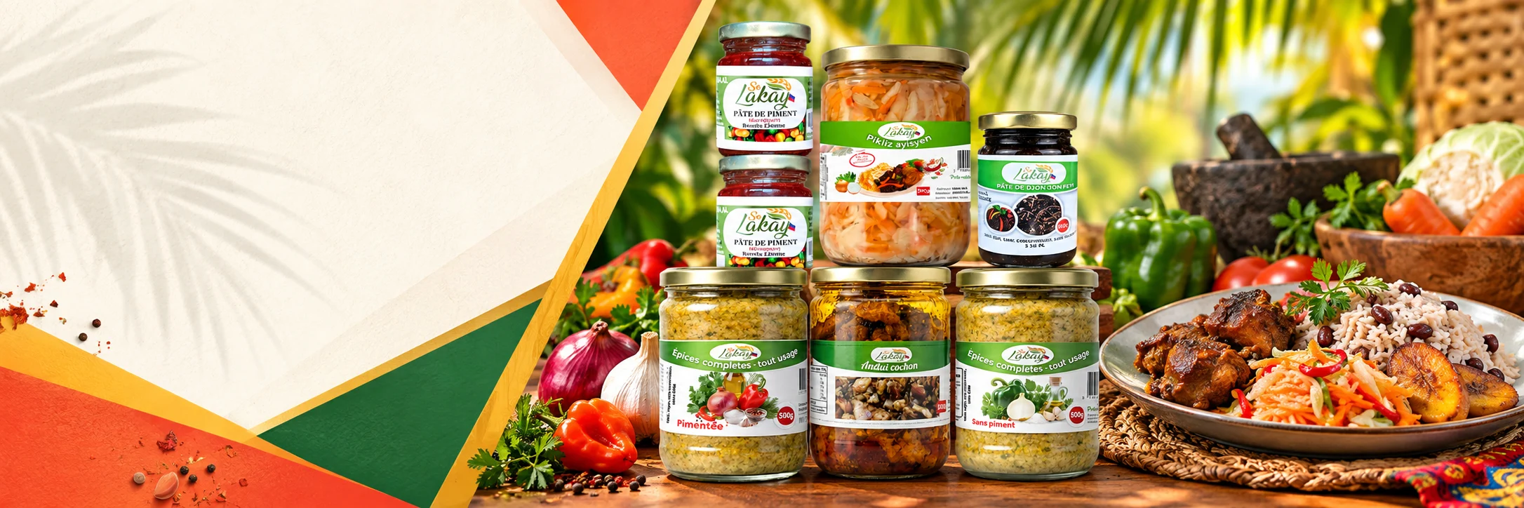 Assortiment de produits SELAKAY accompagné d’un plat haïtien