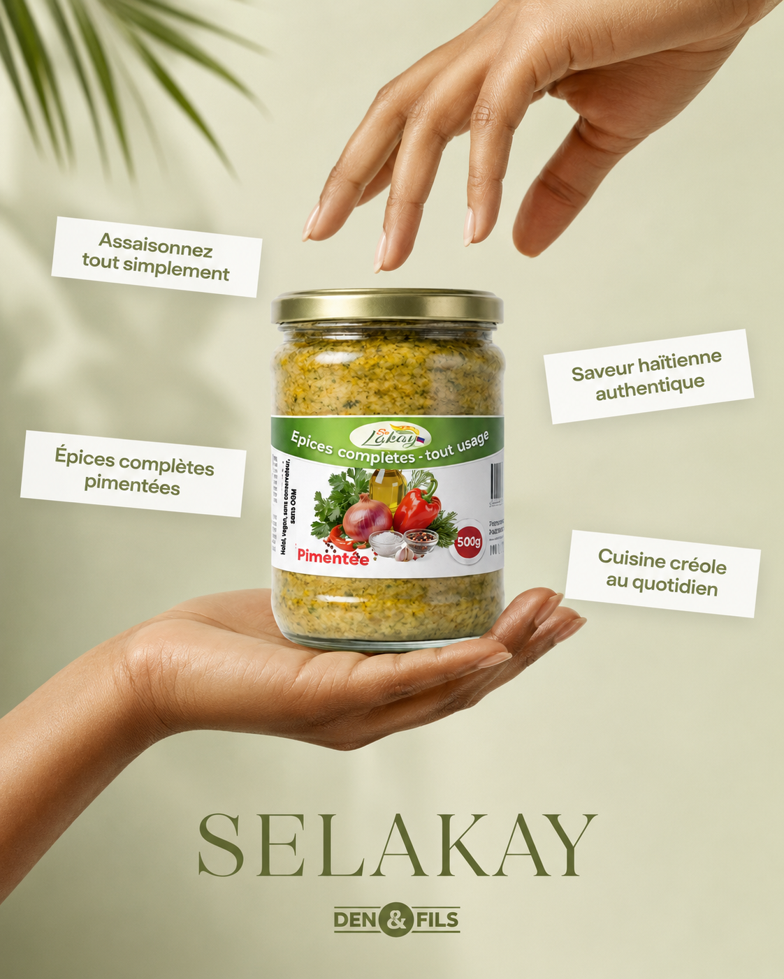 Visuel SELAKAY présentant un pot d’épices complètes pimentées entre deux mains